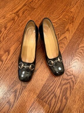Gucci Black Leather Horsebit Square Toe Pumps